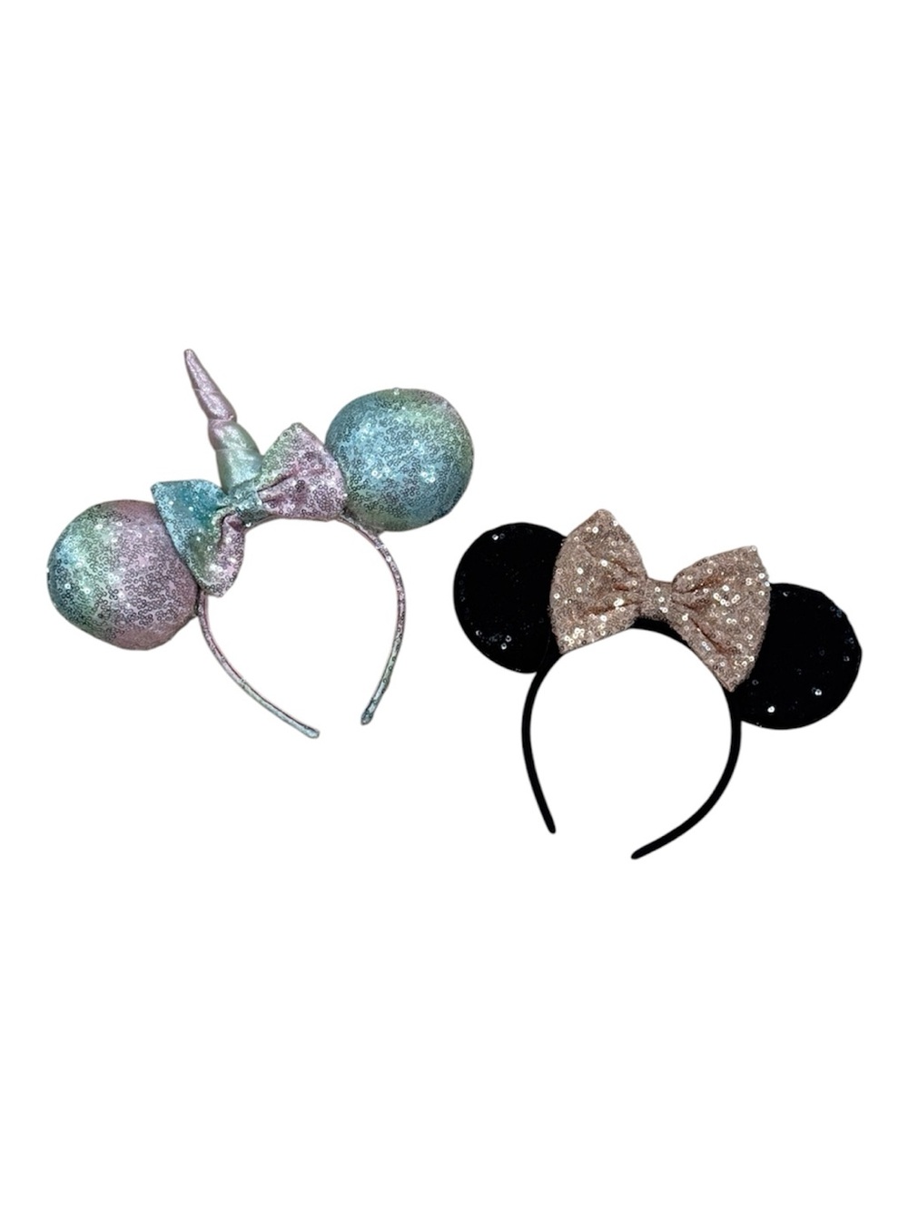 Two Sequin Minnie Ear Headbands - Pastel Unicorn & Black Gold Bow